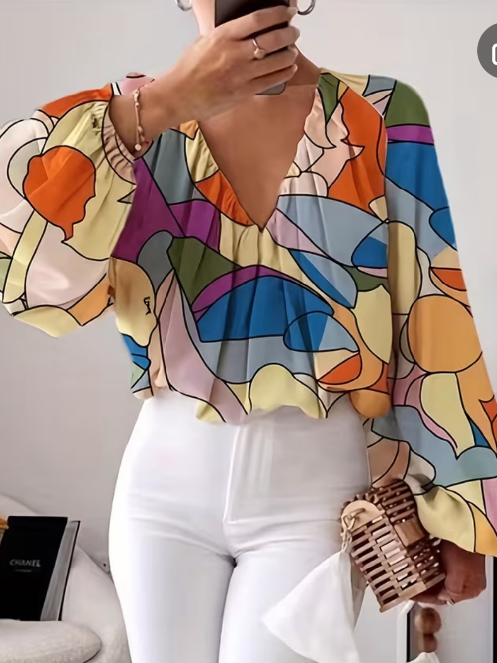 STYLEWE Multicolor Abstract V-Neck Flow Blouse with Balloon Sleeves